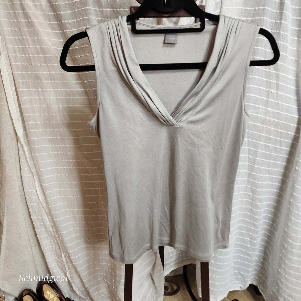 Ann Taylor Petites Silk Cotton‎ Blend V-Neck Pleated Sleeveless Top Sage Grey SP